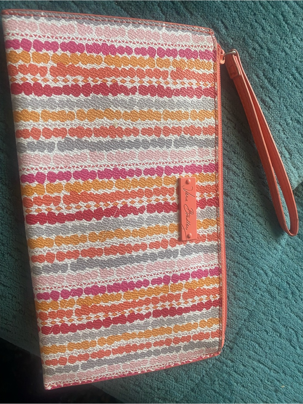 Vera Bradley Pink Coral Orange Gray Stripe Wristlet Clutch